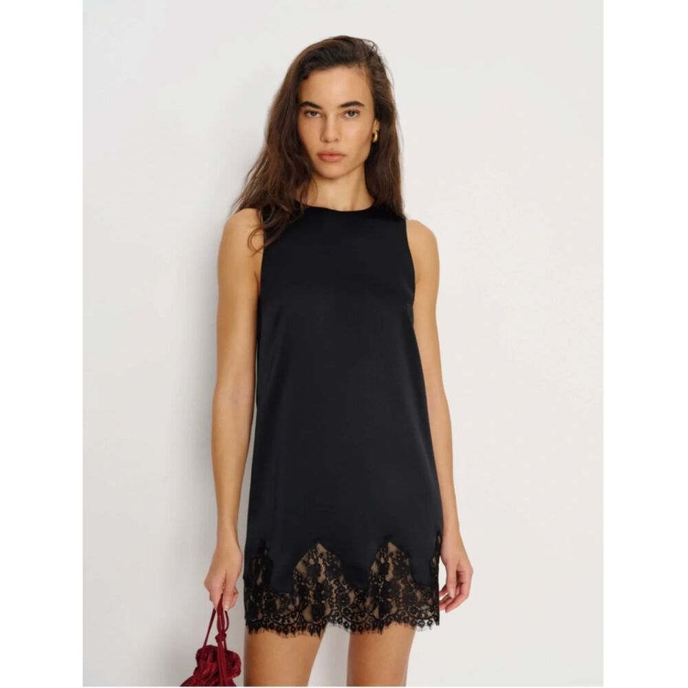 Reformation Jessalyn 100% Silk Lace Hem Mini Dress Black S
